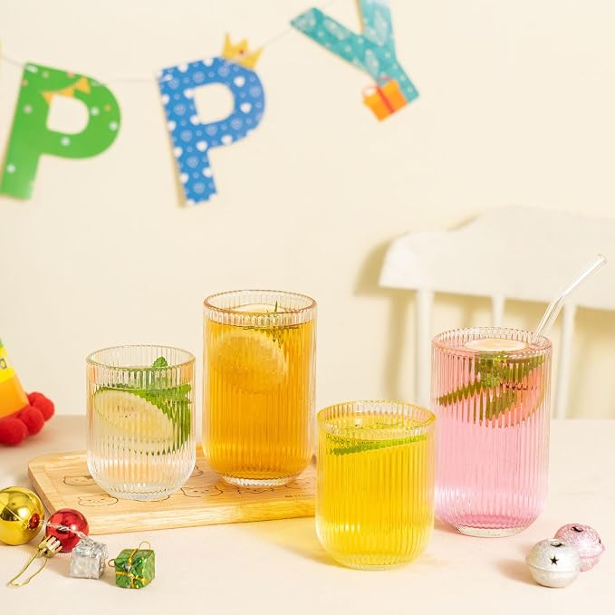 Ribbed Drinking Glasses 12pcs, Rocks Drinking Glasses 12oz and 10oz, Tumbler Glasses Cup Set for Wedding, Party, Christmas Gift, Clear