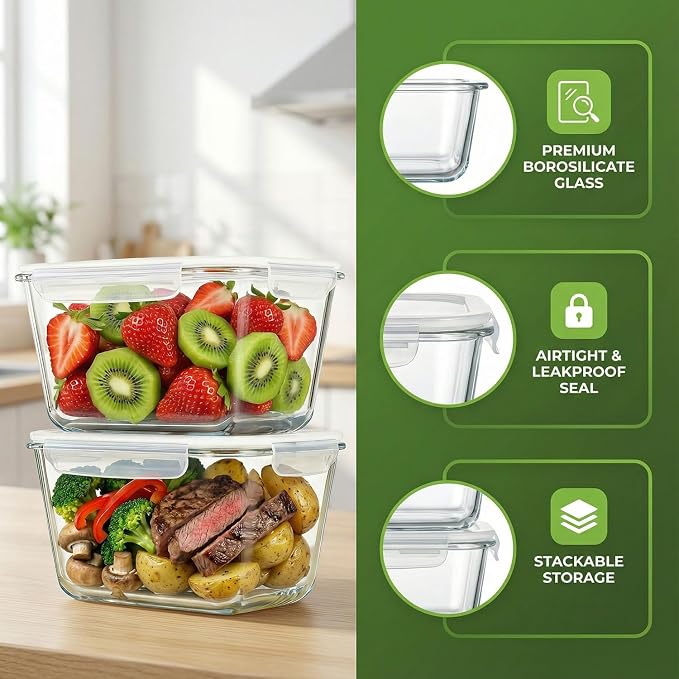 2 Pack Large Glass Food Storage Containers with Lids 85oz/10.5cup Big Airtight Storage Containers for Rotisserie Chicken Meal Prep Leftovers, BPA Free & Leak Proof, Microwave, Oven Safe (transparent)