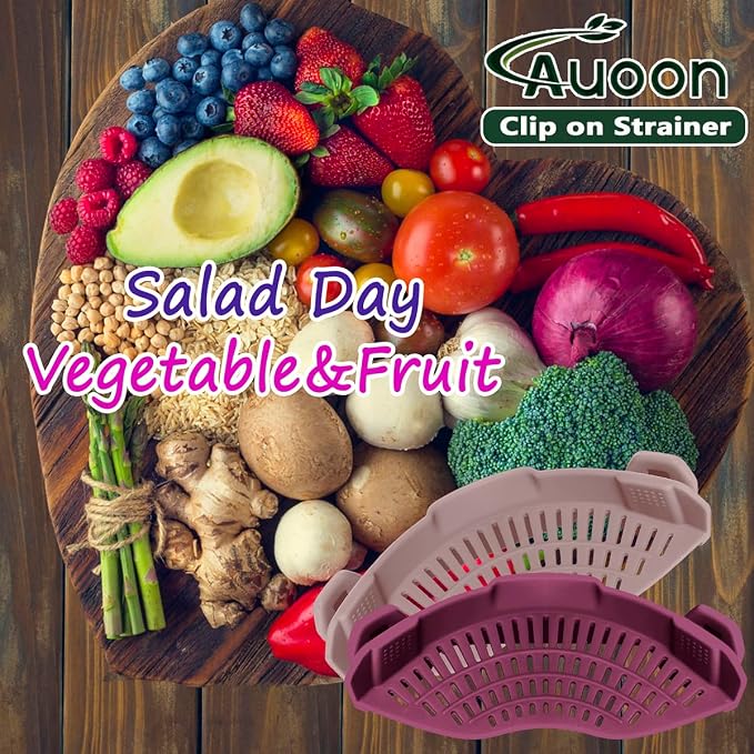 AUOON Pasta Strainer Clip on Silicone, Standard 8.86 x 3.55 in, Almond Rose | BPA-free, Fits All Pots Pans Bowls, Dishwasher Safe, for Meat Noodles Vegetable Fruits, Space-saving Kitchen Gadget