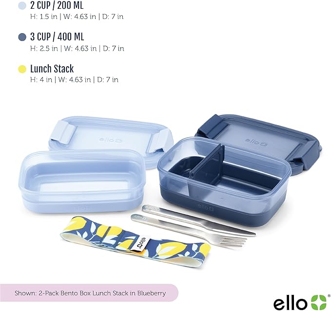 Ello Lunch Stack Bento Box Plastic Food Containers, 2 Pack, Blueberry | Leakproof bento box food containers, 2 pack. BPA-free, great for meal prepping, school & office lunches, and leftovers.