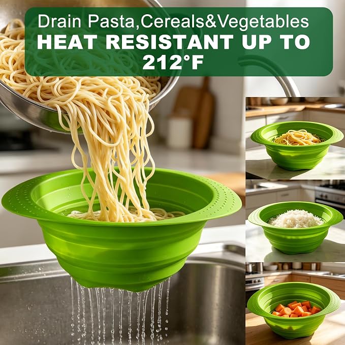 Collapsible Silicone Colander with Handle, 10.5-Inch Large Capacity Foldable Strainer for Vegetables, Pasta, Fruits - Heat Resistant up to 212°F, Non-Slip Base, Space-Saving Kitchen Tool-3pack