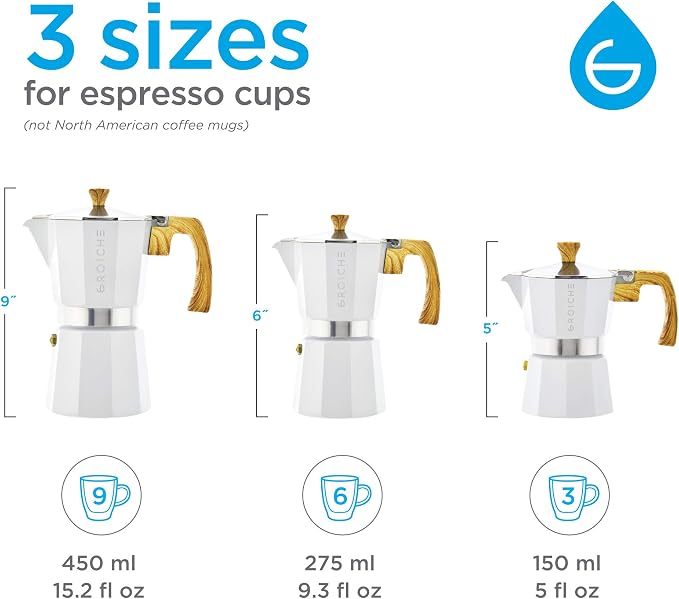GROSCHE Milano Stovetop Espresso Maker Moka Pot 9 espresso Cup 15.2oz White | Cuban Coffee Maker And Italian Moka Pot For Stovetop Espresso; For Gas, Electric, And Propane Stoves With A Soft-Touch Handle
