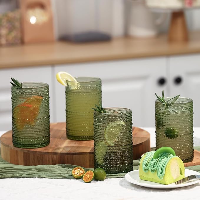 Moretoes 12 Pack 15 Oz Green Large Hobnail Drinking Glasses Set | Vintage Glassware,Embossed Glass Cups,Water Tumbler,Highball Glasses For Beer, Juice And Various Mixed Drinks