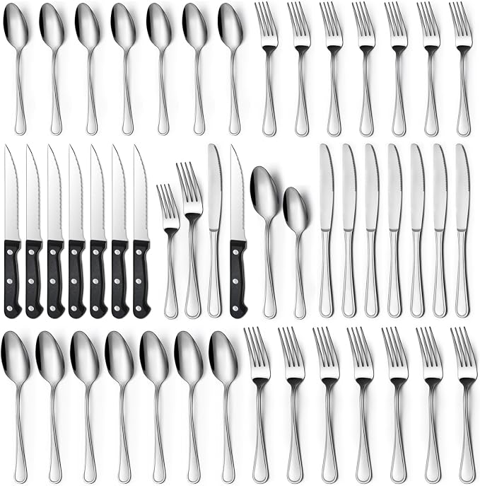 Hunycook 48-Piece Silverware Set - Stainless Steel Silverware Set for 8, Stainless Steel Flatware Set with Forks, Knives & Spoons, Mirror Polished Cutlery Set, Dishwasher Safe