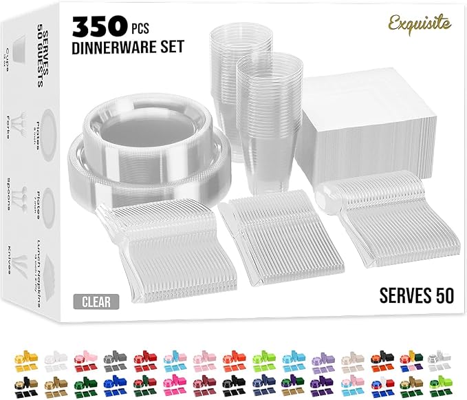 350 Pcs Clear Plastic Plates For Party, Clear Disposable Plates Set, 50 Of Each 9" Dinner Plate Set, 7" Dessert Plate, Cups, Napkins & Cutlery Plastic Dinnerware Set Exquisite
