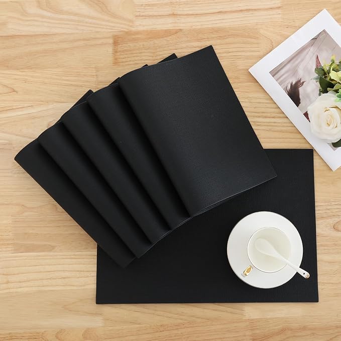 Homaxy PU Faux Leather Placemats for Dining Table, Set of 4, Black | Waterproof Wipeable Washable Table Mats, Easy to Clean Anti-Slip Place Mats, 11.8" x 17"