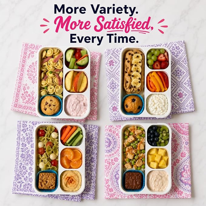 kinsho Bento Box Lunch Boxes for Kids Adults with Utensils, Pink & Purple | Meal & Snack Containers with 4 Divided Portion Compartments, Leak Proof School Work Travel Toddler Daycare BPA Free