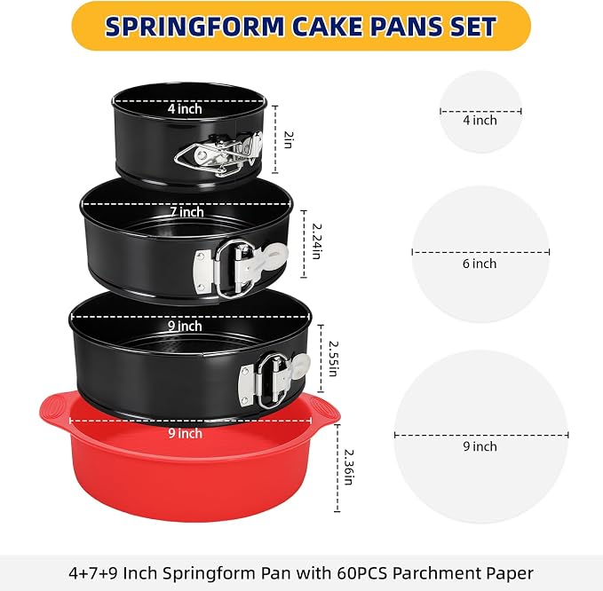 Springform Pan, 3PCS 4,7,9 Inch Cheesecake Pans with Removable Bottom & Leakproof Latch, Round Cake Molds for Baking.