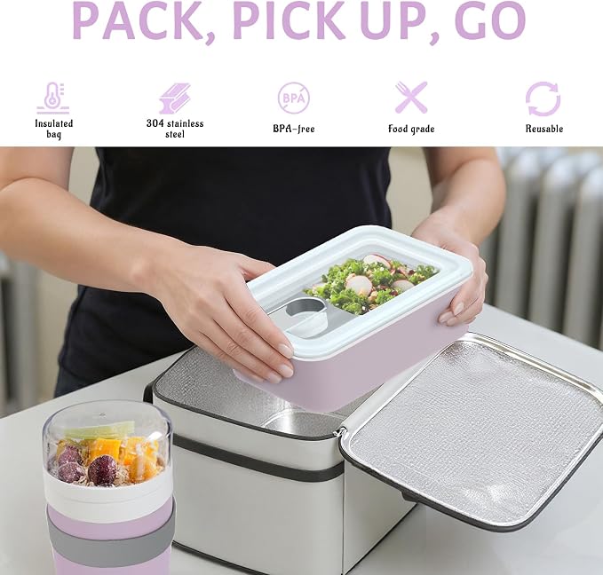 Bakpoco Stainless Steel Bento Lunch Box Set for Adult - 42oz Leak-Proof Bento Lunch Box Container with Thermo, Insulated Bag for Work Travel Dining Out