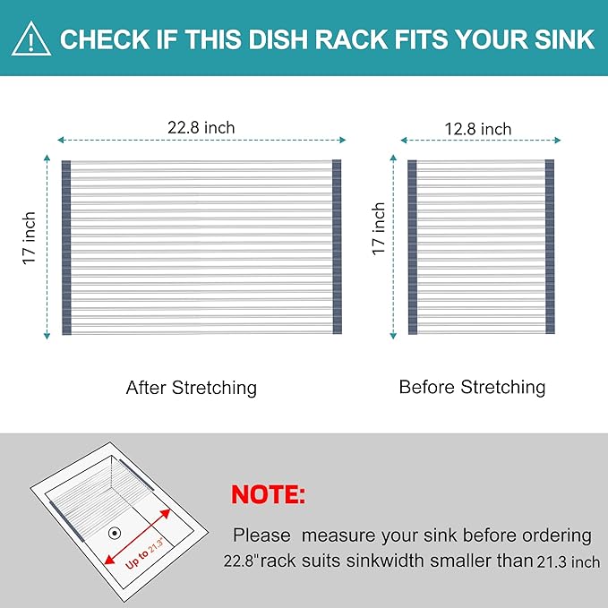 BBXTYLY Extra Large Expandable Roll Up Dish Drying Rack,Over The Sink Drying Rack Sink Cover Kitchen Sink Accessories Kitchen Rolling up Stainless Steel Drainer, Foldable,Rollable（Gray，22.8'-17.3''）
