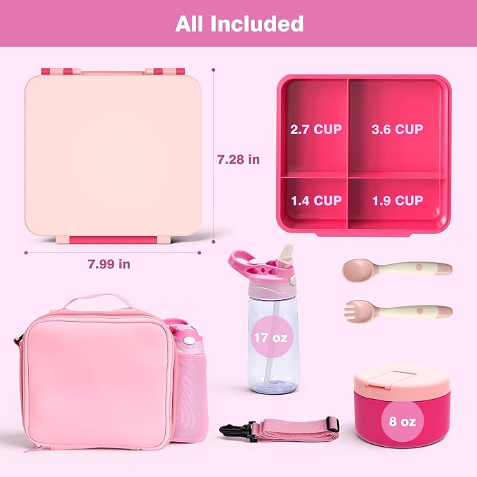 HOMEKOL Bento Lunch Box Set for Kids, Pink | with Stainless Steel Insulated Food Jar, Plastic Water Bottle, Bag and Silicone Spoon and Fork for Boys Girls