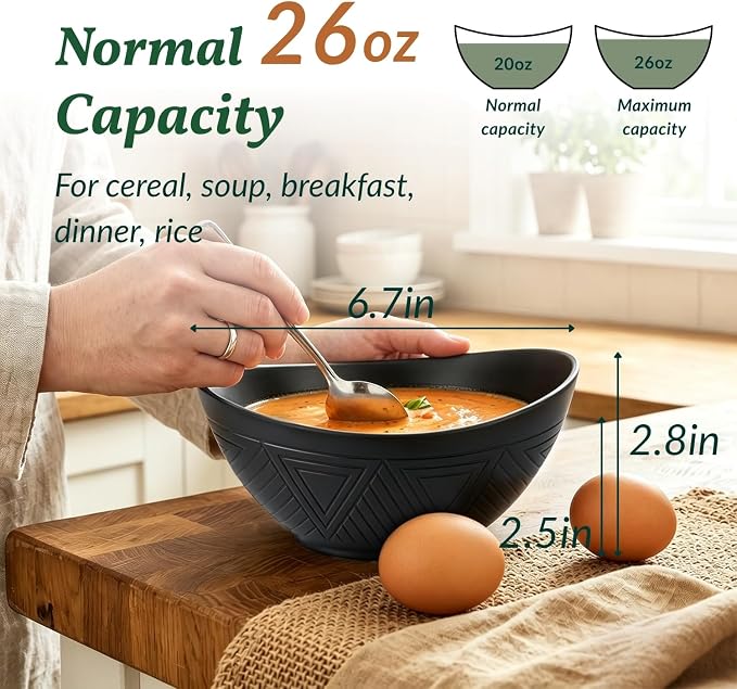 Wheat Straw Serving Bowls Unbreakable Oval Bowls Set of 6 Soup Bowls Microwave Safe Cereal Bowls for Kitchen, Camping, Party Dishwasher Safe Plastic Bowls for Dinner, Soup (26 OZ Black)