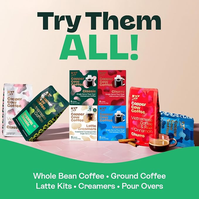 Copper Cow Coffee Premium Pour Over Coffee Decaf Single Serve Dark Roast | 8ct Decaf pour over pouches with rich, bold, low acid coffee. Travel friendly—tear, hang, pour hot water, enjoy anywhere