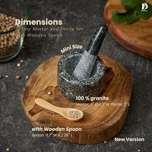 2" Tiny Mortar and Pestle Set with Wooden Spoon, Small, Compact, Mini, Grinding and Crushing Herbs and Spices, Unpolished Inside