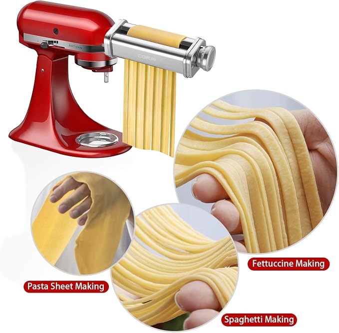 COFUN Pasta Attachment for KitchenAid Stand Mixer, 3 Pcs | 8 Thickness Settings Stainless Steel Pasta Maker with Sheet Roller, Spaghetti & Fettuccine Cutter
