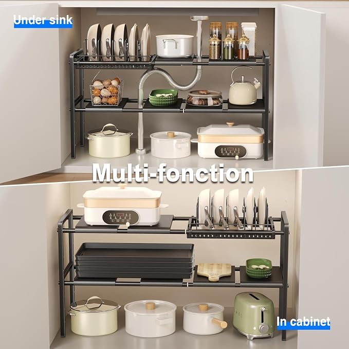 Mustorn Pots and Pans Organizer Under Cabinet, Expandable 2 Tier Under Sink Organizers and Storage Adjustable Height Kitchen Pot and Pan Lid Holder Rack with 6 Dividers(6panels,1 Pot rack, Black)