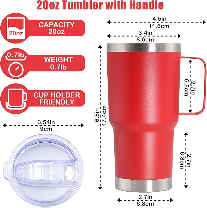20 oz Tumbler with Handle Coffee Tumblers with Lid Travel Mug Red 6P | 20oz Tumblers with Handle Double-Wall Insulated Vacuum Coffee Mugs Stainless Steel Tumbler with Handles&Lid Red 6P