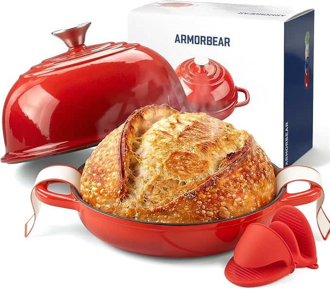 5QT Enameled Cast Iron Sourdough Bread Oven for Homemade, Red | Tight-fitting Dome Lid, Shallow Base Supports Easier Loading & Crisp Sourdough Crusts, Gifts for Sourdough Bakers