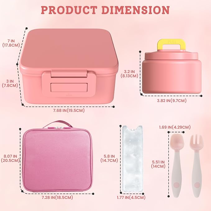 MAISON HUIS Bento Lunch Box with 8oz Soup Thermo, 5-Compartment Leak-Proof Container, Thermo Hot Food Jar and Insulated Lunch Bag, BPA Free,Travel, School (Pink)