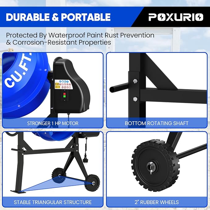 120L Electric Cement Mixer, 4.3 Cubic Ft. 450W 3/5HP Portable Concrete Mixer Machine with Stand And Wheels for Stucco, Mortar, Seeds, Blue-2026 Upgraded