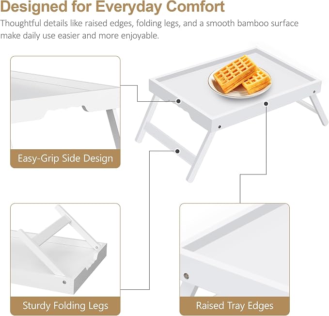Bamboo Breakfast Trays with Folding Legs, Large, 2-Pack, White | Set of 2 large bamboo bed trays with folding legs and wave handles for meals, laptops and serving in bed.