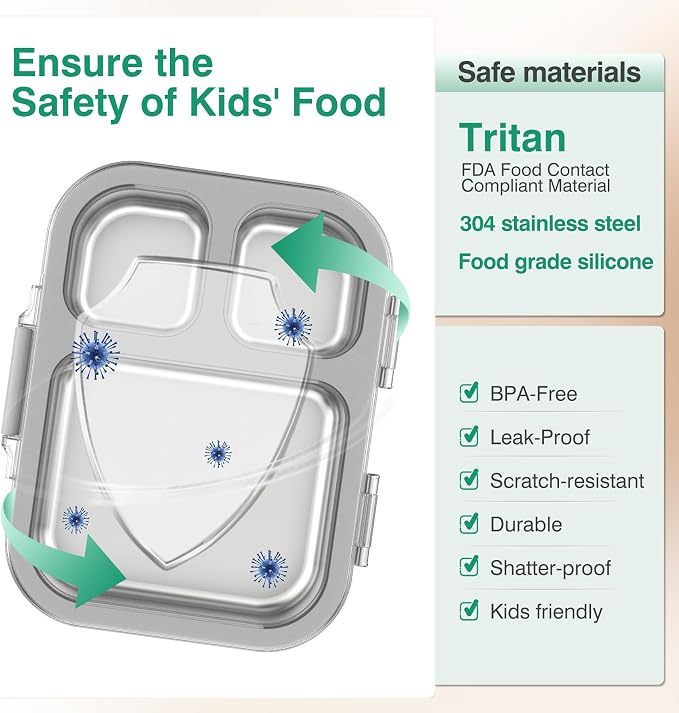 HOMEKOL Stainless Steel Bento Lunch Box, Grey, 3.3Cups | 3-Compartment,Leak-Proof, for Kids & Adults, BPA-Free, Dishwasher Safe, Clear Tritan Lid, 800ml (Not Insulated)