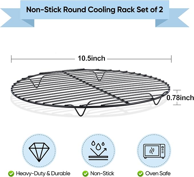 TeamFar Round Cooling Rack, 10.5" Non-stick Stainless Steel Baking Rack | 2 Pack Coated Cooking Wire Racks for Baking/Roasting/Steaming/Cooling, Healthy & Heavy-Duty, Oven Safe & Easy to Clean