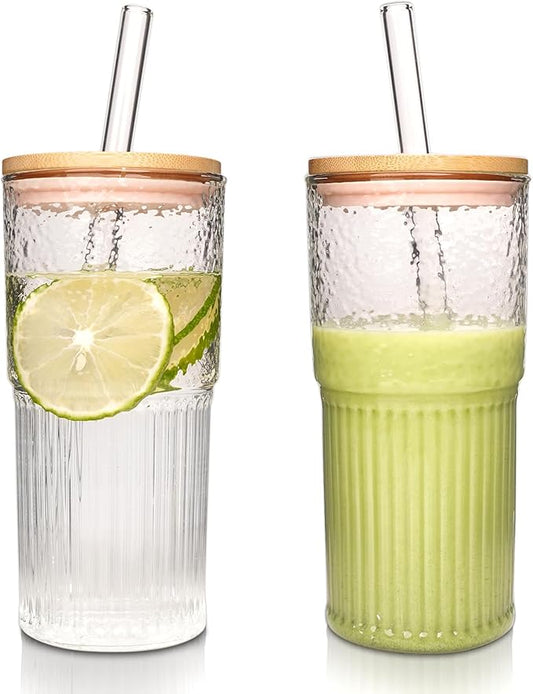 ANOTION 2Pcs 22 oz Iced Coffee Cups Drinking Glasses Iced Coffee Cup | Reusable Smoothie Cup Glass Tumbler Water Glasses Ribbed Glassware