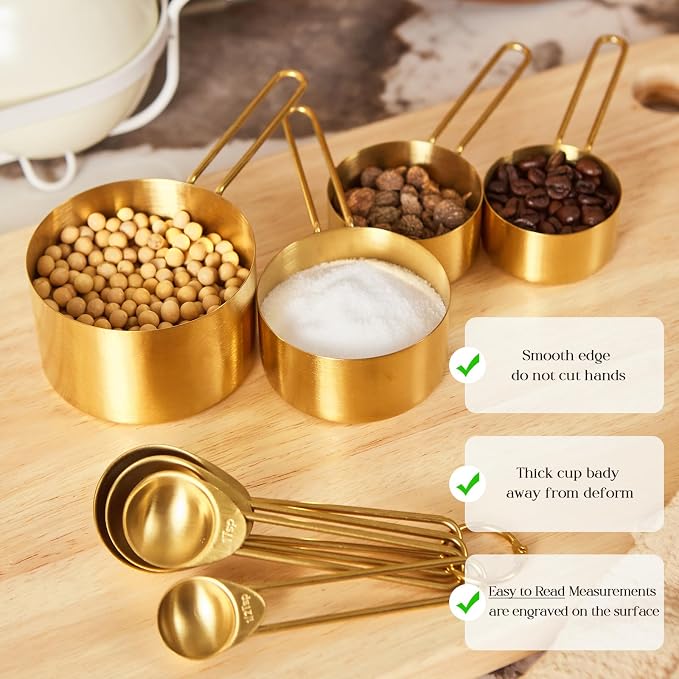 Golden 304 Stainless Steel Measuring Cups and Spoons Set,8PCS Stackable & Long Handle Fits Narrow Jars, Premium Gold Kitchen Accessories for Liquid & Dry Ingredients Baking Cooking, Durable&Rust-Proof