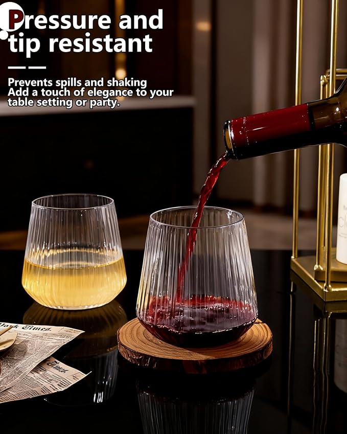 YOUBET 40Pack Plastic Ribbed Wine Glasses for Wedding Parties Bar | 14 oz Clear Thicker Origami Stemless Disposable Wine Glasses - Heavy Duty Unbreakable Vintage Whiskey Cups