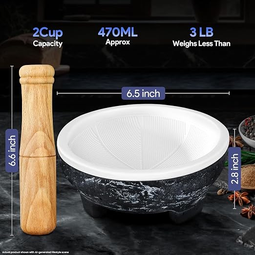 No Rock Powder 2 Cup Mortar and Pestle Set with Silicone Covers, 6.5 Inch World's 1st Lightweight Molcajete Mexicano with Grinding Ridge, High Efficiency for Guacamole, Spice and Herb, Gift