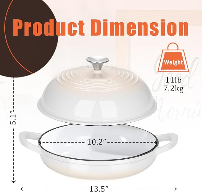 Enameled Round Cast Iron Bread Oven, 6 Qt Cast Iron Dutch Oven for Homemade Sourdough Bread Baking, Bread Pot with Dome Lid (White)