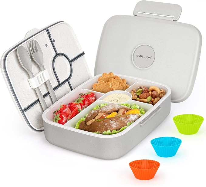 5 Compartmets Bento Box Adult Lunch Box with 3 Silicone Baking Cups