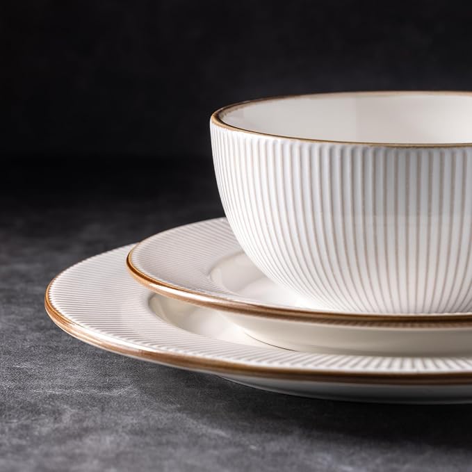 GBHOME Ceramic Dinnerware Sets of 4,16 pcs Plates and Bowls Sets Dishes | Embossed Elegant Stoneware Dishes Set | Dishwasher & Microwave Safe | Service for 4