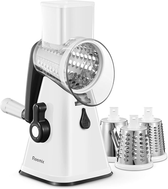 Rotary Cheese Grater with Handle, Reemix Vegetable Cheese Grater | Shredder Slicer Grater for Kitchen 3 Changeable Blades for Cheese Potato Zucchini Nuts Chocolate (White)