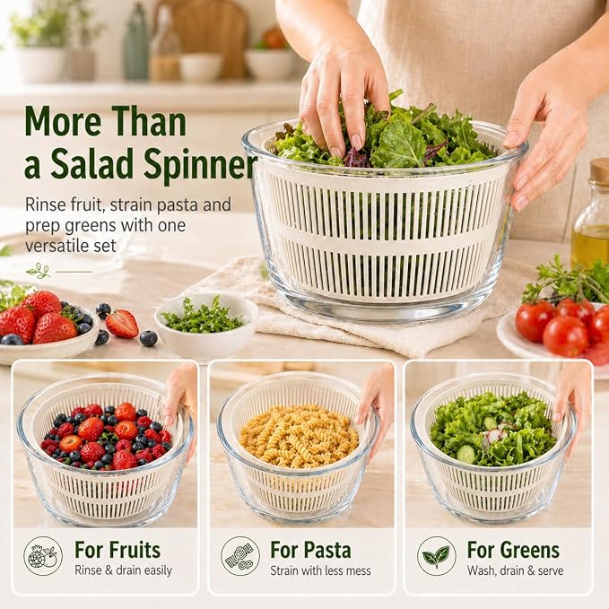 Large 5.2 Qt Glass Salad Spinner with Drain, Off-White | Microwave- and Dishwasher-Safe Glass Bowl, Transparent Lid, Crank Handle, Quick-Spin Salad Cleaner for Lettuce, Herbs Fruit