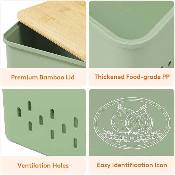 Lifewit Plastic Potato and Onion Storage Bin Box, Set of 2, Green | Stackable Garlic Keeper, Vegetable Container Box, Aerating Holes & Lid for Pantry Countertop