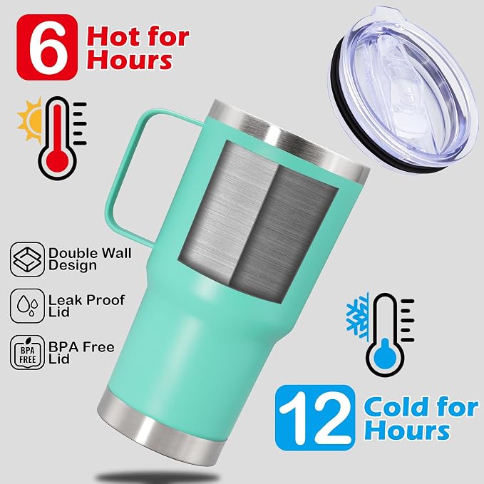 20 oz Tumbler with Handle Coffee Tumblers with Lid Travel Mug Light Blue 6P | 20oz Tumblers with Handle Double-Wall Insulated Vacuum Coffee Mugs Stainless Steel Tumbler with Handles&Lid Light Blue 6P