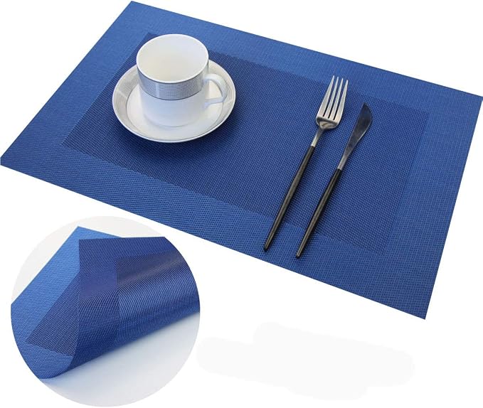 Vinyl Placemats Heat-Resistant Table Mats Washable Easy Clean Plastic Placemats for Dining Table Set of 4 (Blue)
