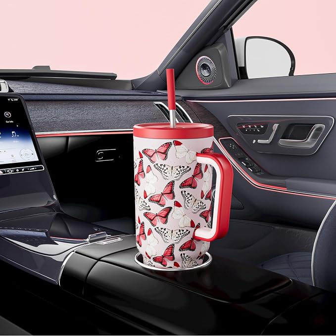 Meoky 40 oz Tumbler with Handle and Straw: Stainless Steel Insulated Tumbler with Lid and Straw - 100% Leak Proof Tumbler for Car Cup Holders - Travelers Commuters Workers, Red Butterfly