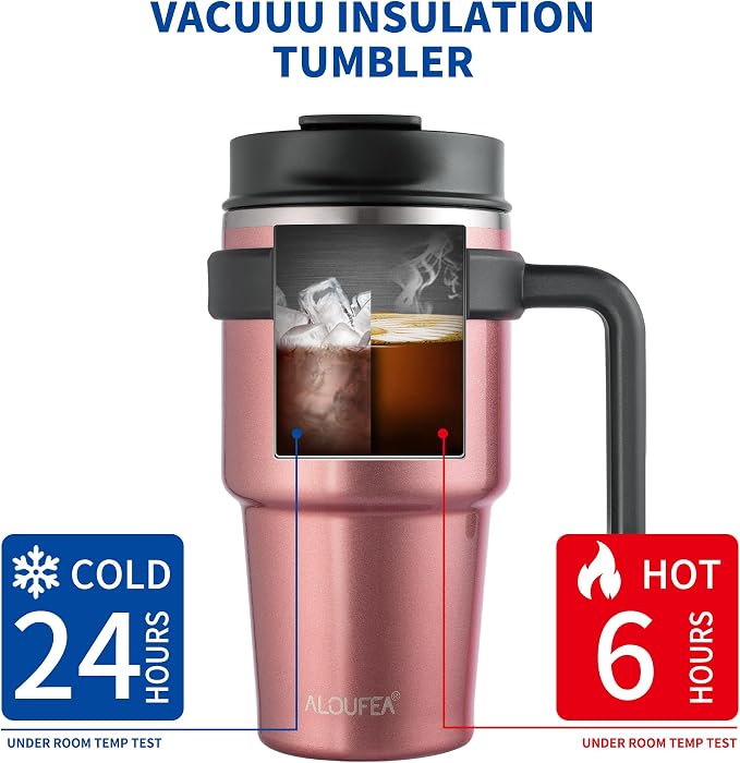 20 oz Insulated Travel Coffee Mug Tumbler with Handle and Straw | Leakproof Stainless Steel Coffee Cup with Lid, Double Wall Vacuum Ice Thermal Cup, Rose Gold