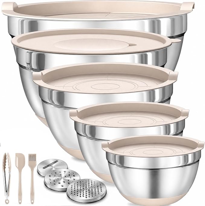 Four Flowers Heavy-Duty Mixing Bowls Set with airtight lids – 11 PCS Stainless Steel Nesting Kitchen Bowls, Mixing Bowls with Non-Slip Bottoms and Grater Attachment, Best for Mixing and Serving