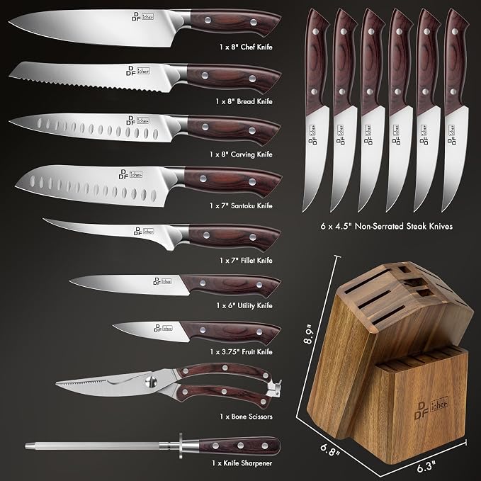 16-Piece Kitchen Knife Set, High-Carbon Stainless Steel, Pakkawood Handles | Ultra-Sharp Knife Block Set with Ergonomic Full-Tang Handles, Professional Knife Set with Block and Sharpener for Gifting