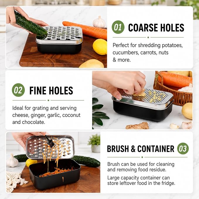 Cheese Grater with Storage Container, Box Grater Stainless Steel for Vegetables, Cheese Shredder 2 Sharp Blades for Fine & Coarse, Non-Slip Base, Lemon Zester, Includes Cleaning Brush (White)