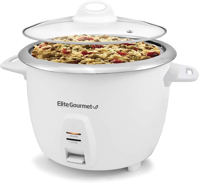 Elite Gourmet ERC-2010 Rice Cooker, Stainless Steel, White, 10 Cups Cooked | Keep Warm - Also Makes Soups, Stews, Grains and Cereals for Versatile Everyday Family Cooking