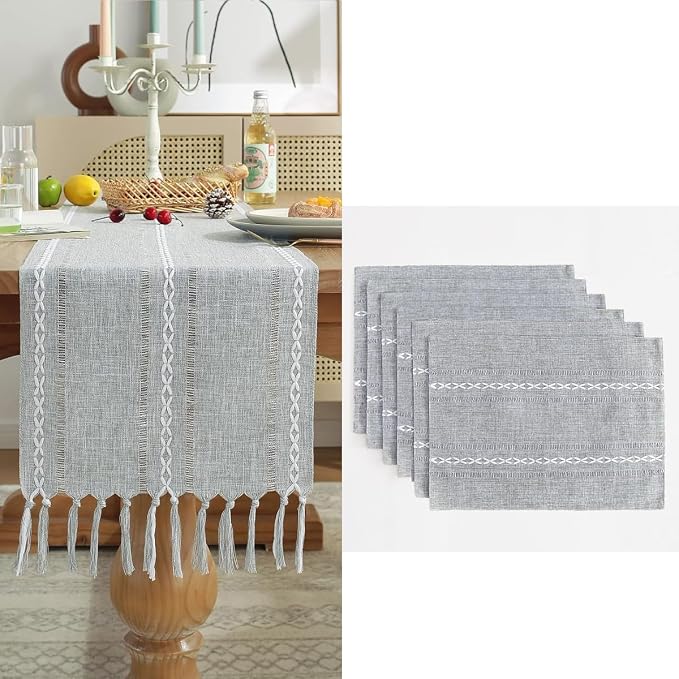 Wracra Cotton Linen Place Mats, Grey Embroidered Placemats Set of 8 | Placemats 12 x 18 Inch; Cotton Linen Woven Fabric; Heat Resistant Table Mats; Raised Embroidered Hollow Design