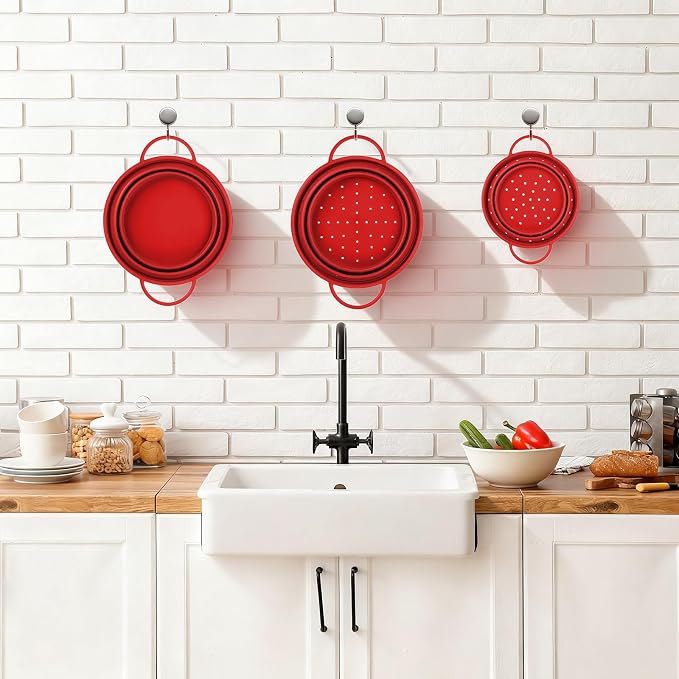 3 Pack Collapsible Colander with Strainer Bowl Set,Red | 11 & 13 In Silicone Colanders for Kitchen, Heat-Resistant Strainer Dishwasher Safe Baskets for Vegetable Fruits