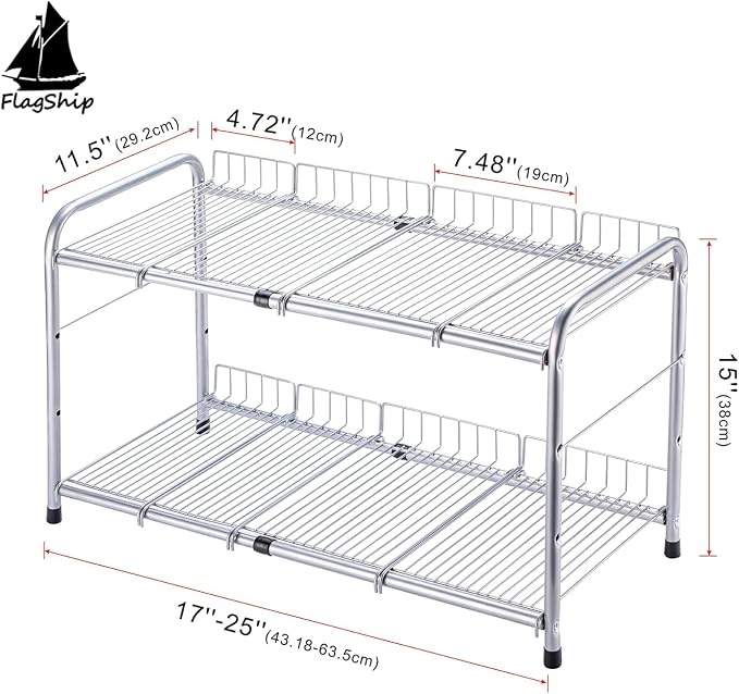 FlagShip 2 Tier Under Sink Organizers and Storage Rack Expandable Cabinet Shelf for Kitchen Bathroom Silver (17-25 inches)