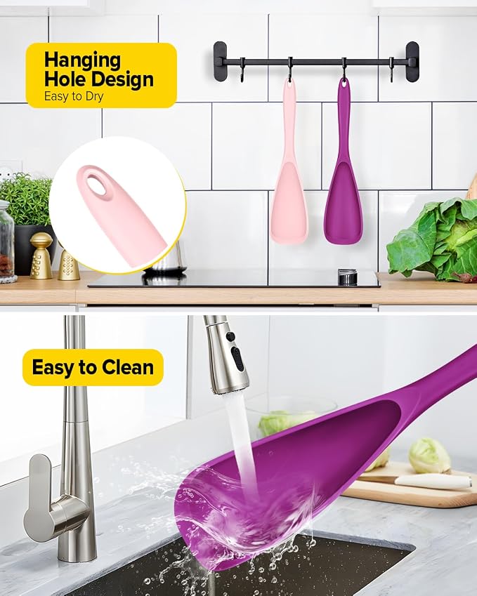 Pack of 2 Cooking Spoons for Non Stick Cookware, Multifunction Spatula Spoon BPA-Free, One-Piece Design, Suitable for Scooping, Scraping, Serving and Mixing (PINK-PURPLE)