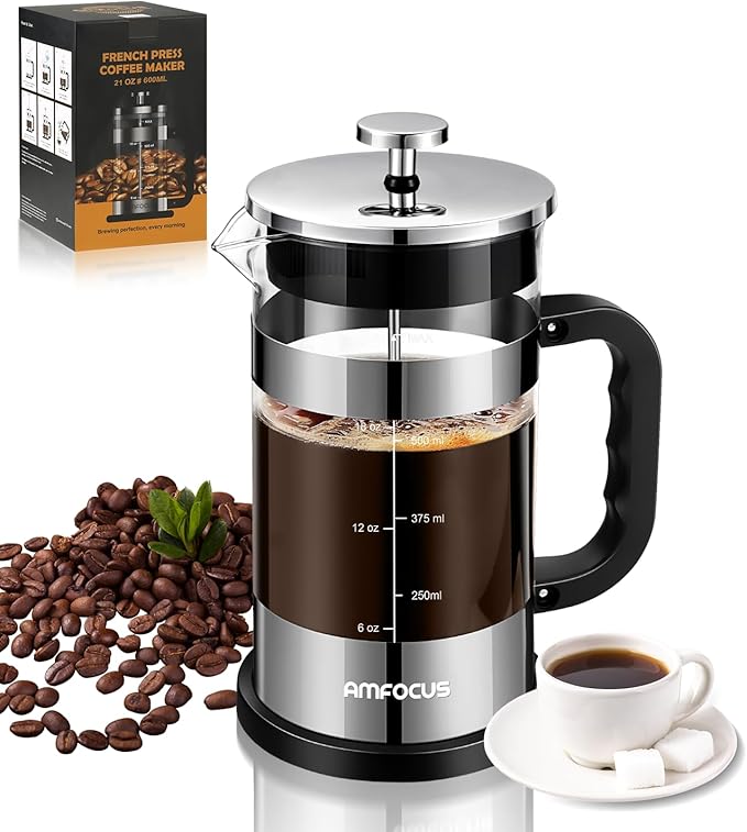 AMFOCUS French Press Coffee Maker, 21OZ, Borosilicate Glass Coffee Press | Thickened Glass Cold Brewer, 4-Level Filtration,Coffee Tea Pot for Kitchen Camping Travel Gifts